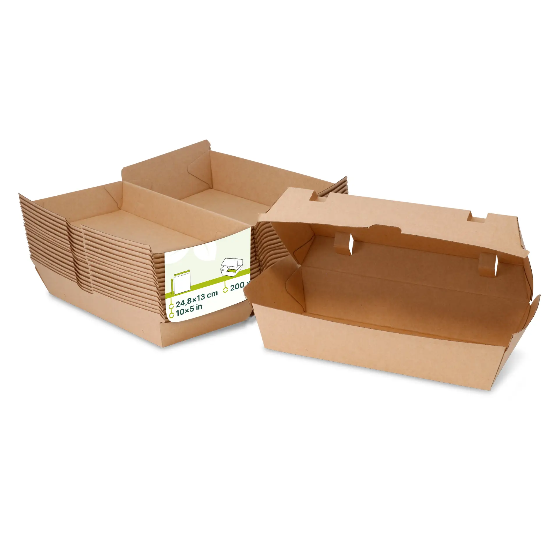 One kraft cardboard food box with a hinged lid; several similar boxes stacked behind it with visible folded tabs for ventilation.
